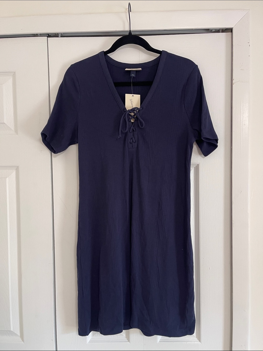 Women's Navy Lace-Up V-Neck Short Sleeve Dress
